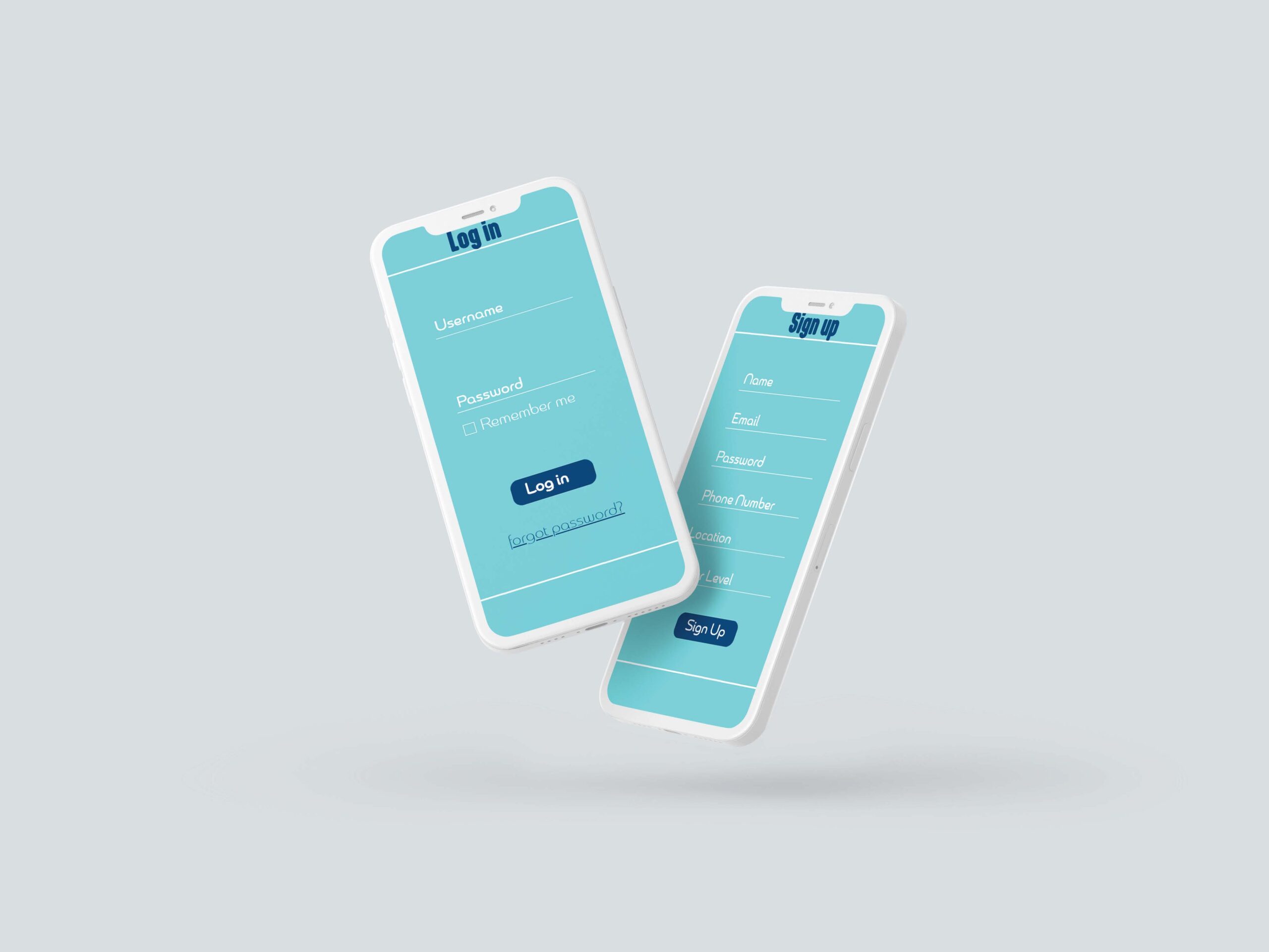 Two floating phones showing the log in pages for the Wavu app.